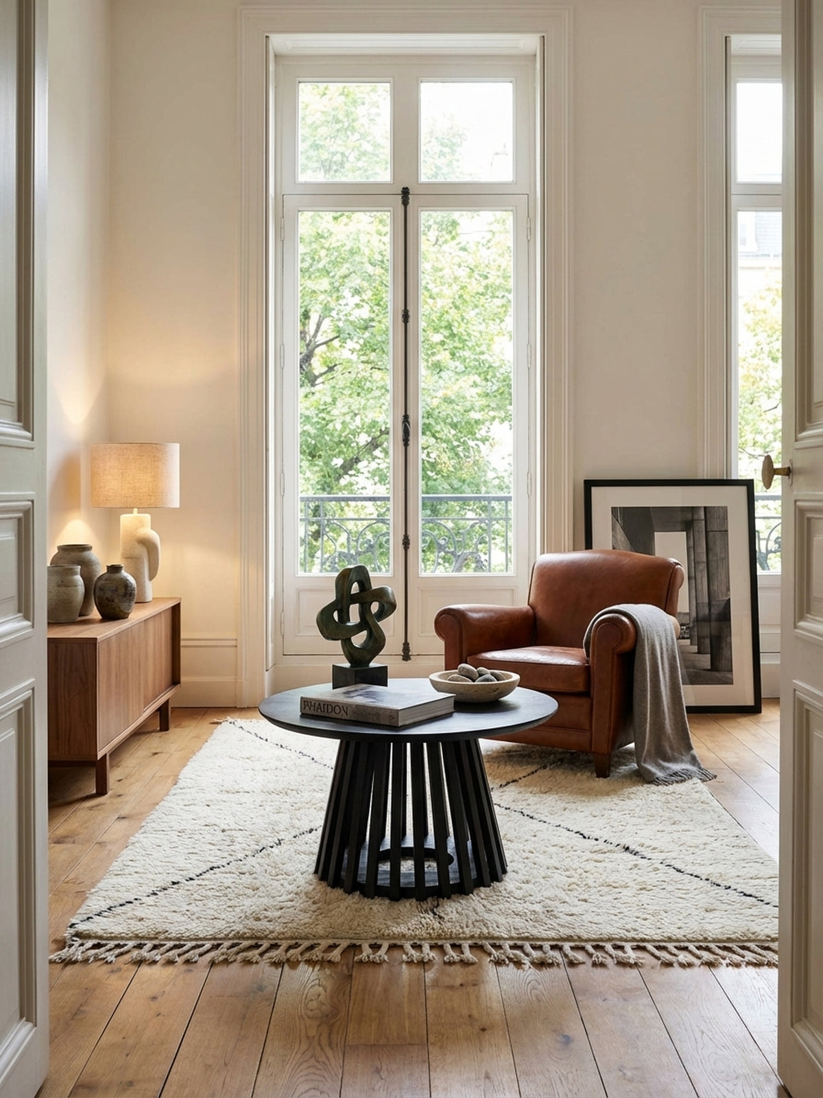 Schwarzer runder Couchtisch aus massivem Mangoholz als Mittelpunkt in einem hellen, organisch-modernen Wohnzimmer mit beigem Sofa und marokkanischem Teppich.