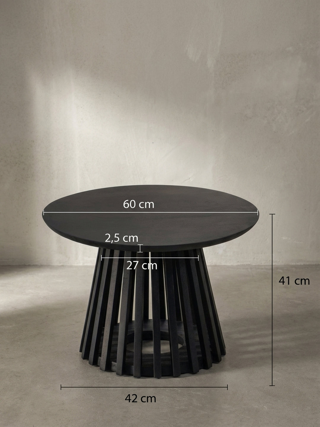 Technisches Maßbild des Couchtisches mit genauen Abmessungen: 60 cm Durchmesser und 41 cm Höhe, für die präzise Raumplanung im Wohnzimmer._