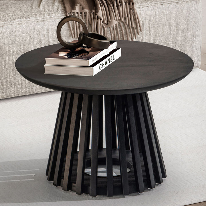 Couchtisch Schwarz Massivholz Mango Rund 60x60x41 cm mit Gittergestell Modern