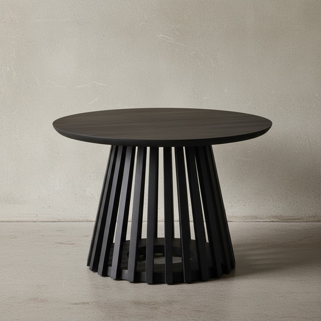 Couchtisch 60x60x41 cm Mango Massivholz Schwarz Sofatisch Rund - Design Wohnzimmertisch mit Gittergestell - Kaffeetisch Wohnzimmer Modern_