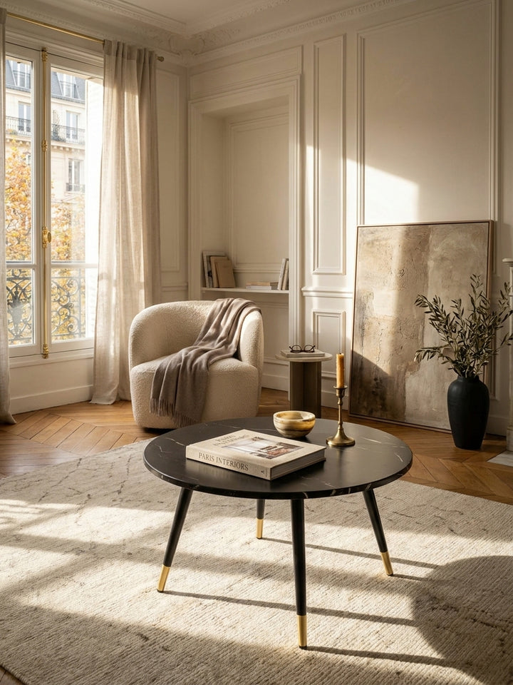 Großzügiges elegantes Wohnzimmer im Pariser Stil mit einem runden Couchtisch in schwarzer Marmoroptik vor warmweißer Boiserie auf edlem Fischgrätparkett._