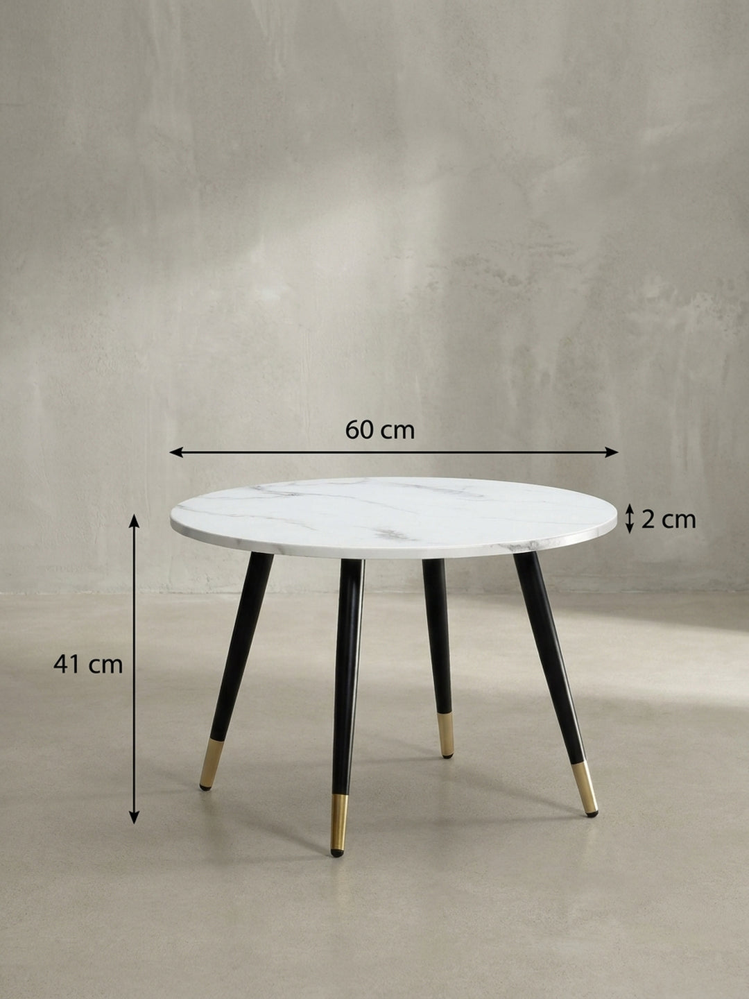 Technische Zeichnung des runden Couchtisches mit genauen Maßangaben von 60 cm Breite, 60 cm Tiefe und 41 cm Gesamthöhe_