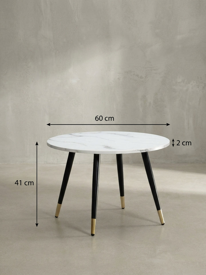 Technische Zeichnung des runden Couchtisches mit genauen Maßangaben von 60 cm Breite, 60 cm Tiefe und 41 cm Gesamthöhe_