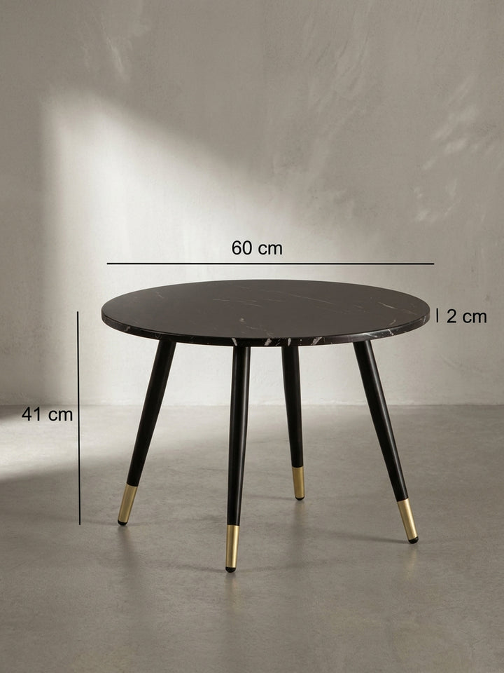 Technische Zeichnung des runden Couchtisches in Schwarz mit exakten Maßangaben von 60 cm Durchmesser und 41 cm Höhe für die Raumplanung im Wohnzimmer._