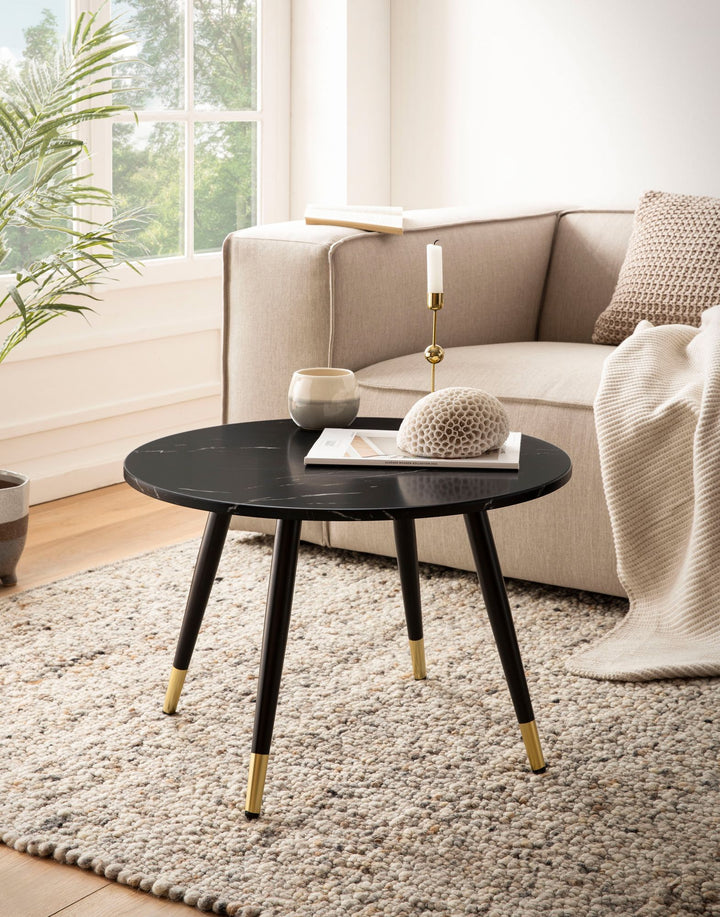 Couchtisch mit Marmor Optik, Modernes Design, Metall-Gestell, Runde Form