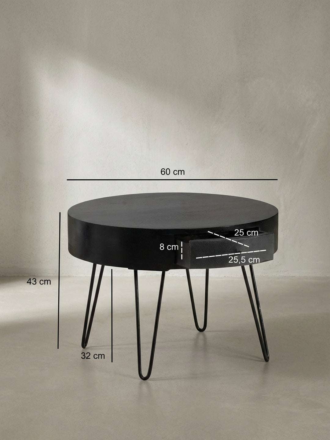 Technisches Maßbild des Couchtischs mit den exakten Abmessungen: 60 cm Durchmesser und 43 cm Höhe, ideal für die Planung des Wohnbereichs._