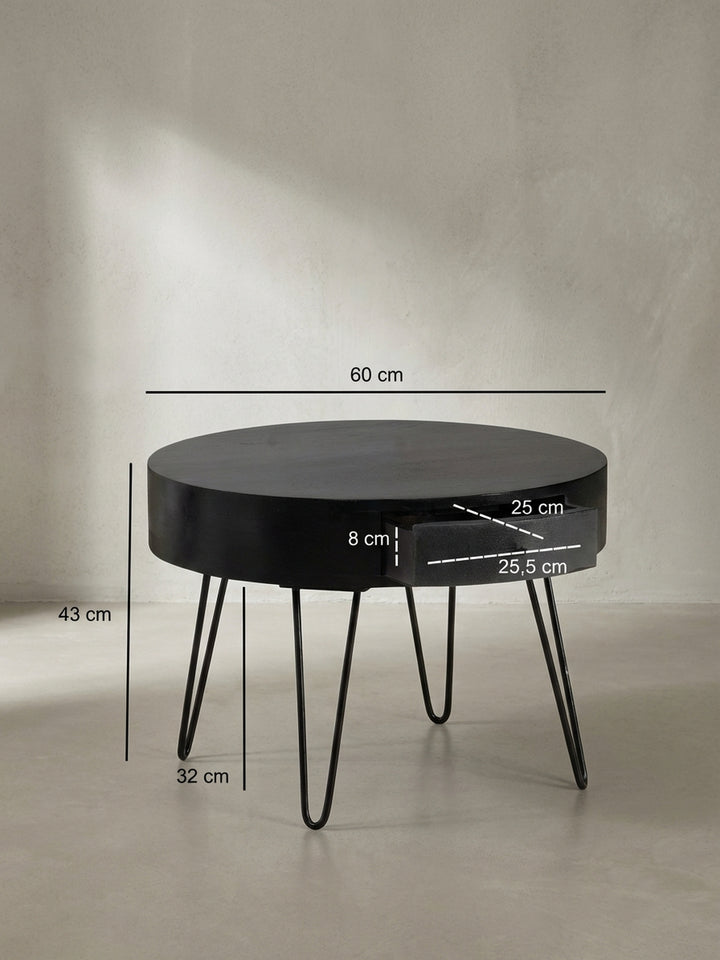 Technisches Maßbild des Couchtischs mit den exakten Abmessungen: 60 cm Durchmesser und 43 cm Höhe, ideal für die Planung des Wohnbereichs._