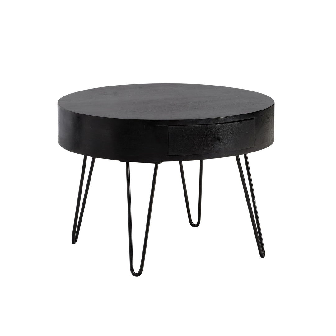 Couchtisch Rund Mango Massivholz Metall, 60x60x43 cm, mit Schublade, Stauraum und Haarnadelbeinen