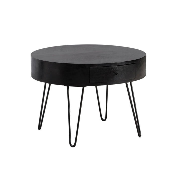 Couchtisch Rund Mango Massivholz Metall, 60x60x43 cm, mit Schublade, Stauraum und Haarnadelbeinen