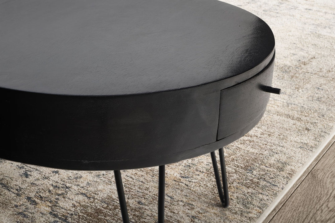 Couchtisch Rund Mango Massivholz Metall, 60x60x43 cm, mit Schublade, Stauraum und Haarnadelbeinen