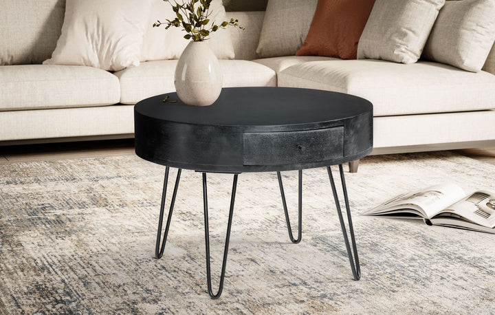 Couchtisch Rund Mango Massivholz Metall, 60x60x43 cm, mit Schublade, Stauraum und Haarnadelbeinen