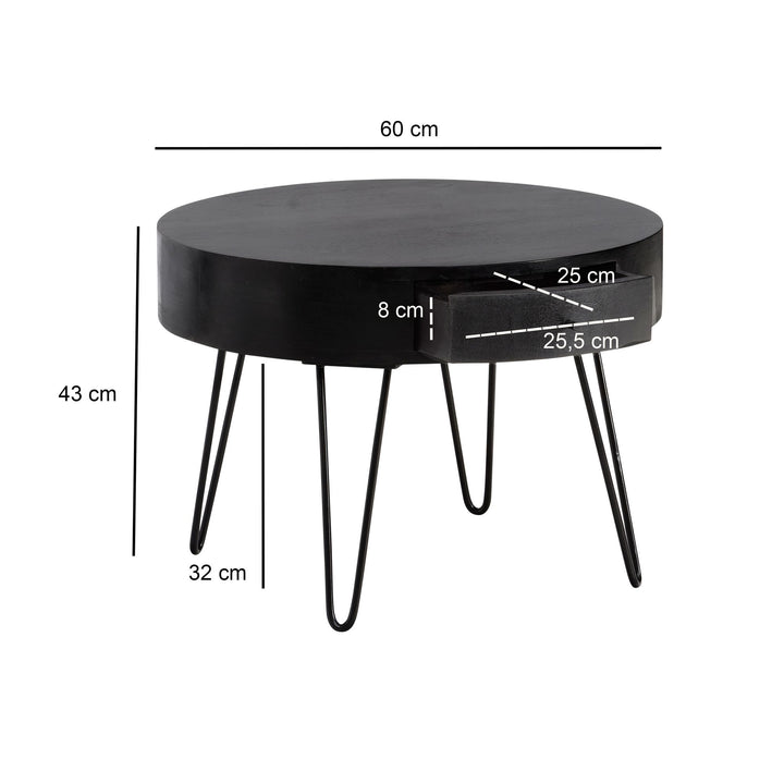 Couchtisch Rund Mango Massivholz Metall, 60x60x43 cm, mit Schublade, Stauraum und Haarnadelbeinen