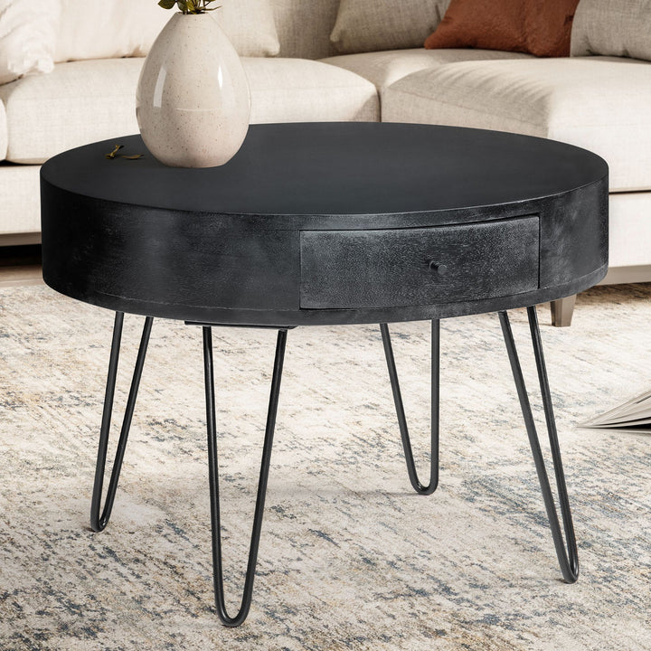 Couchtisch Rund Mango Massivholz Metall, 60x60x43 cm, mit Schublade, Stauraum und Haarnadelbeinen