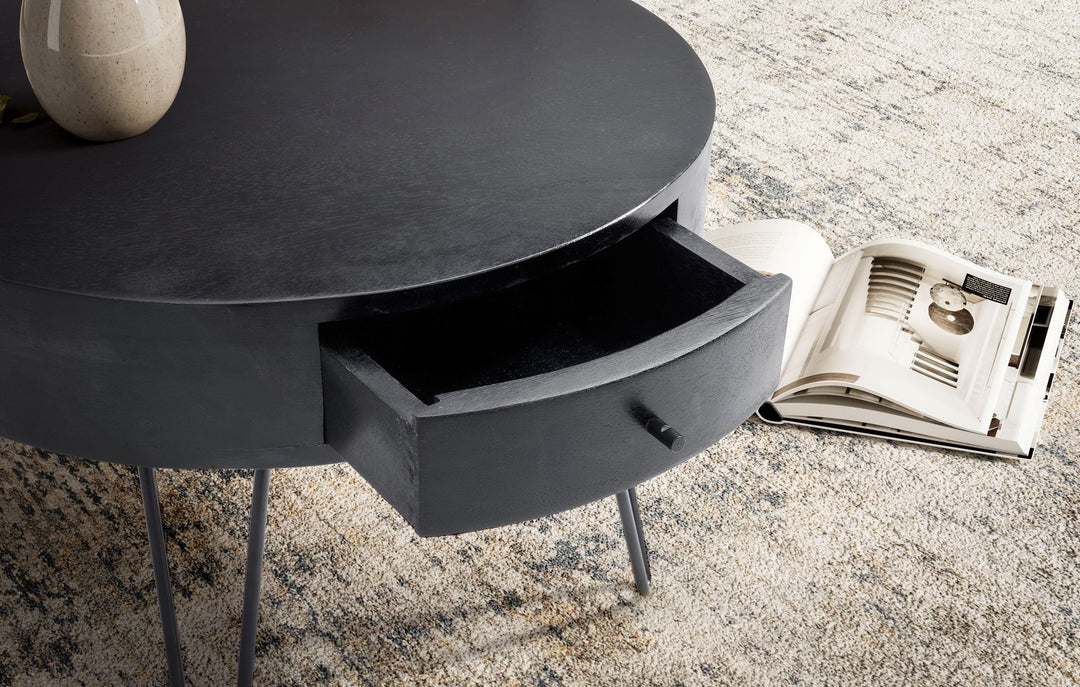 Couchtisch 60x60x43 cm Mango Massivholz Metall Sofatisch - Design Wohnzimmertisch Rund mit Schublade - Kaffeetisch Stauraum Massiv - Kleiner Tisch Wohnzimmer Haarnadelbeine_