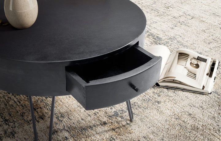 Couchtisch Rund Mango Massivholz Metall, 60x60x43 cm, mit Schublade, Stauraum und Haarnadelbeinen