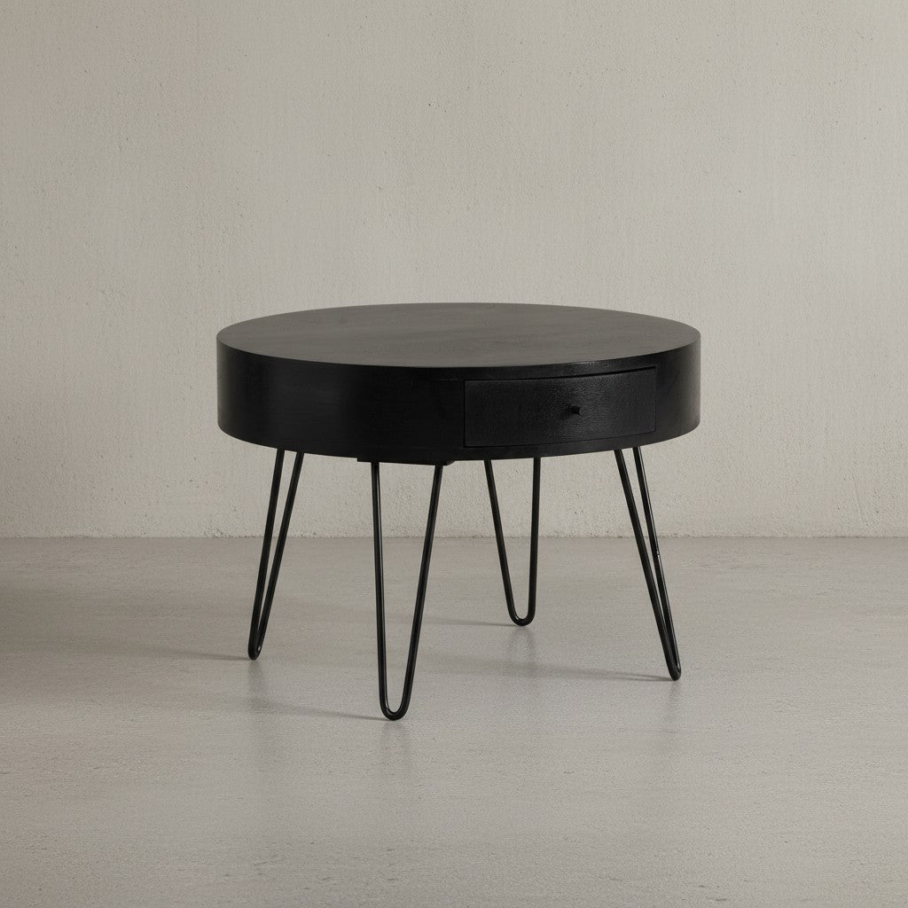 Couchtisch 60x60x43 cm Mango Massivholz Metall Sofatisch - Design Wohnzimmertisch Rund mit Schublade - Kaffeetisch Stauraum Massiv - Kleiner Tisch Wohnzimmer Haarnadelbeine_