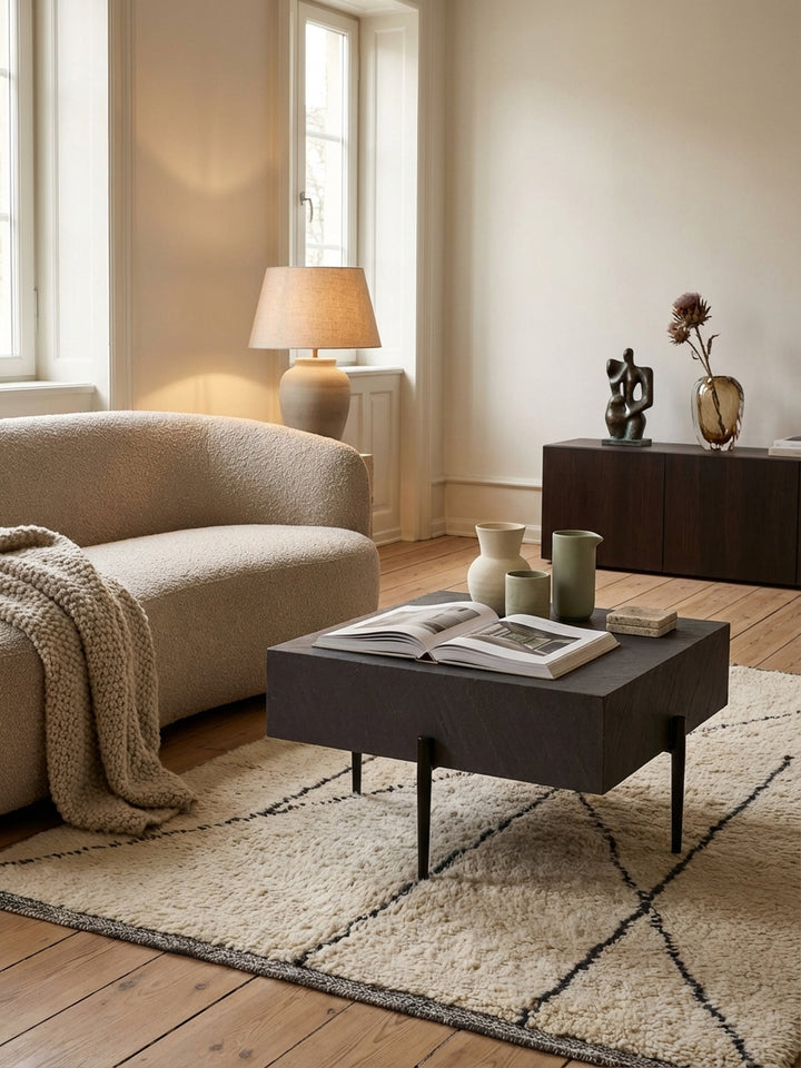 Der massive Couchtisch mit schwarzen Metallbeinen kombiniert mit einem cremefarbenen Sofa und einem Sessel aus schwarzem Holz im eleganten Japandi-Stil._