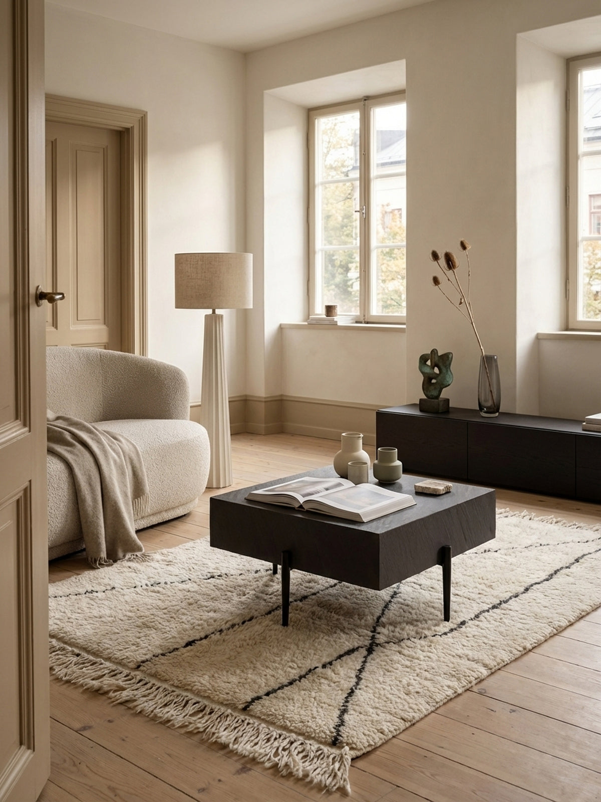 Quadratischer Couchtisch in Anthrazit mit Steinoptik als Herzstück eines modernen Wohnzimmers mit hellem Bouclé-Sofa und beigem Beni Mrirt Teppich.