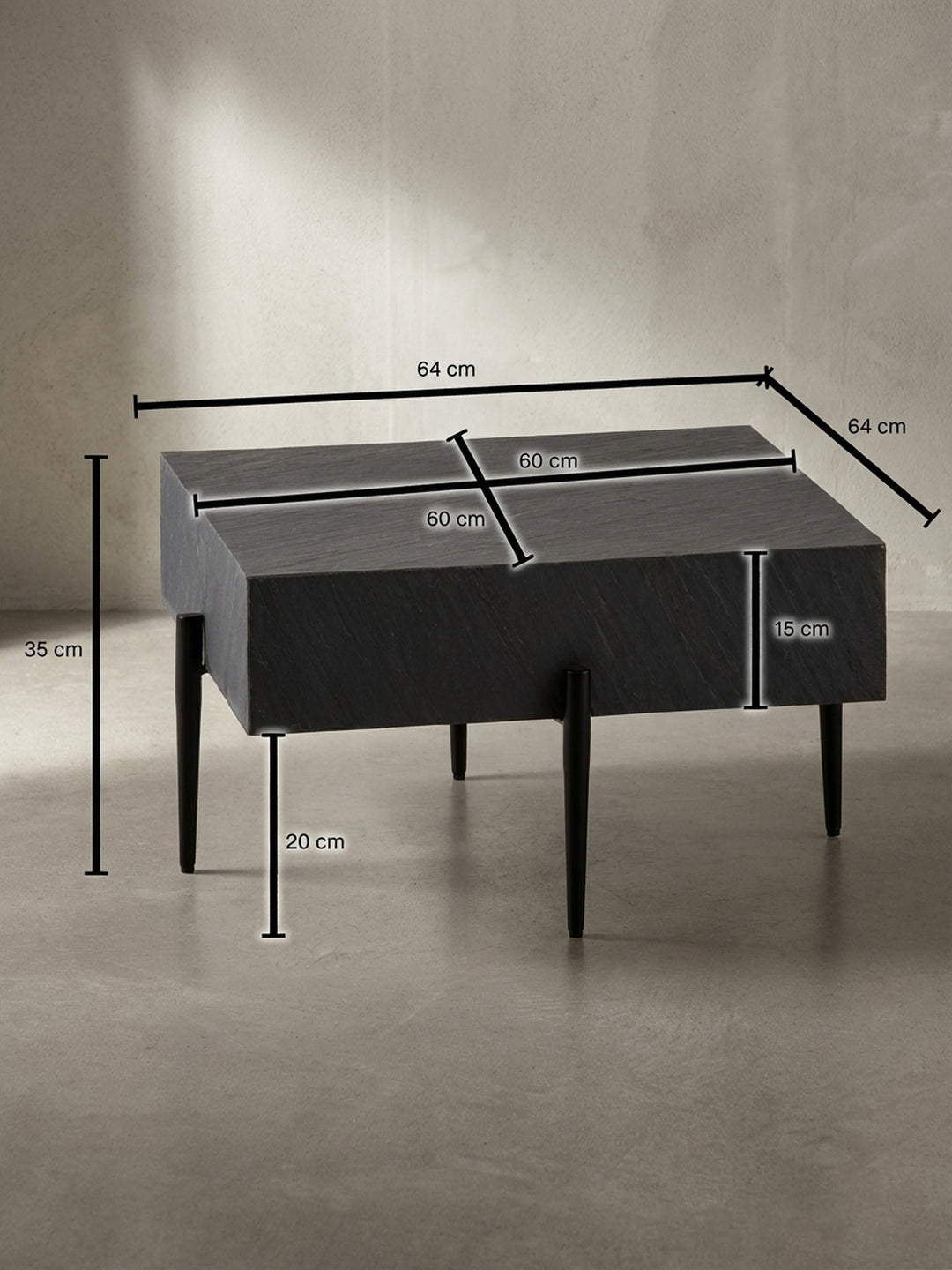 Wohnzimmertisch mit exakten Maßen von 64x64x35 cm, ideal für die Raumplanung vor dem Kauf, mit detaillierten Abmessungen für Höhe, Breite und Tiefe._