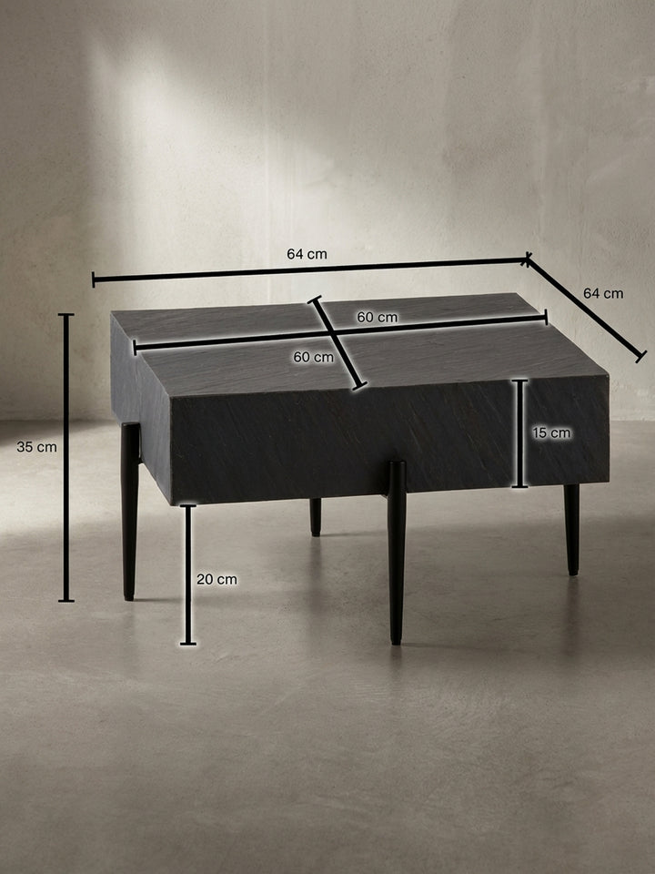 Wohnzimmertisch mit exakten Maßen von 64x64x35 cm, ideal für die Raumplanung vor dem Kauf, mit detaillierten Abmessungen für Höhe, Breite und Tiefe._