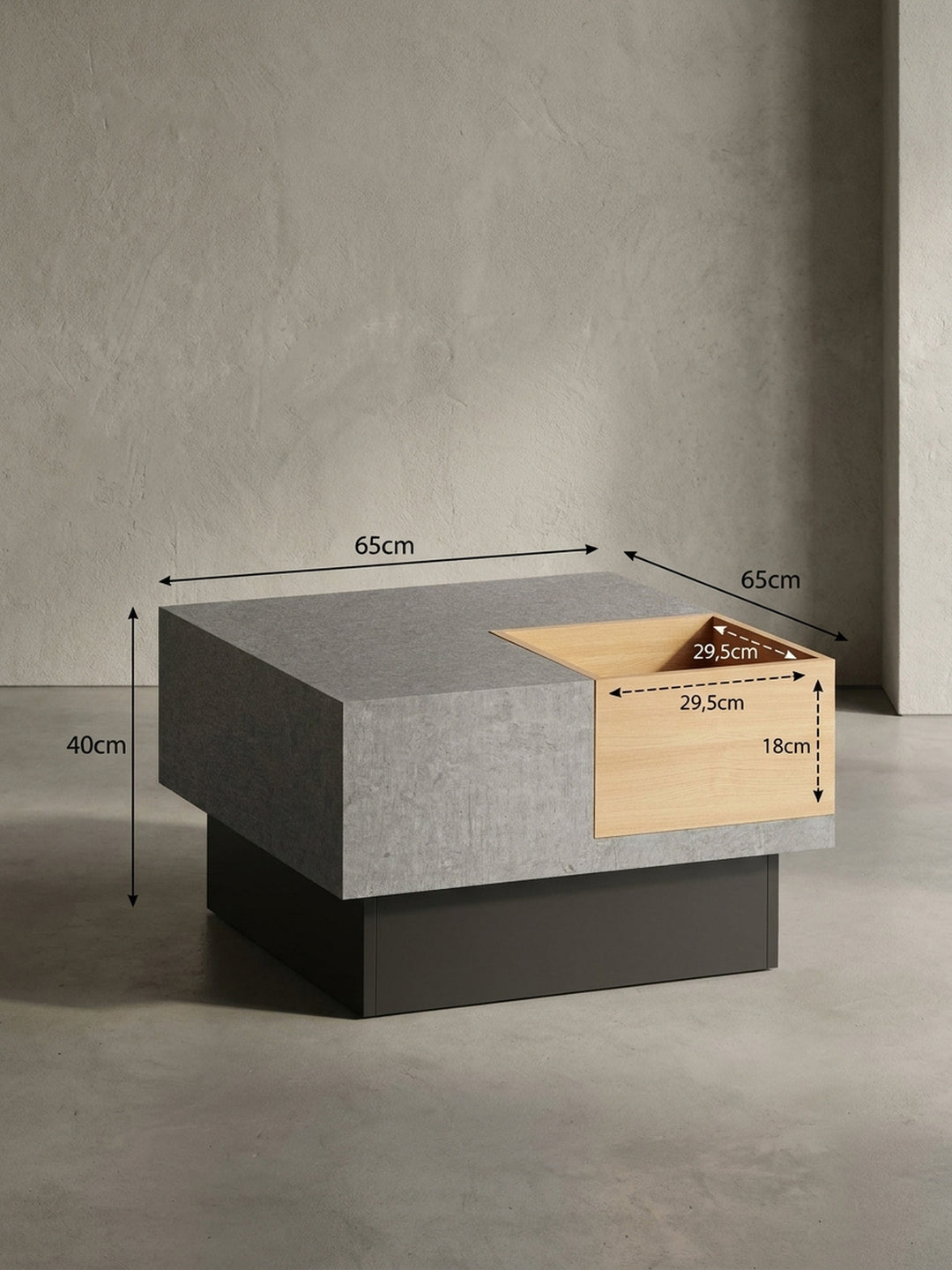 Technische Maßzeichnung des quadratischen Couchtisches mit Maßangaben von 65x65x40 cm und Detailmaßen des inneren Staufachs für die exakte Raumplanung._