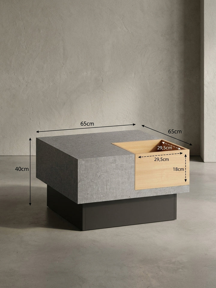 Technische Maßzeichnung des quadratischen Couchtisches mit Maßangaben von 65x65x40 cm und Detailmaßen des inneren Staufachs für die exakte Raumplanung._
