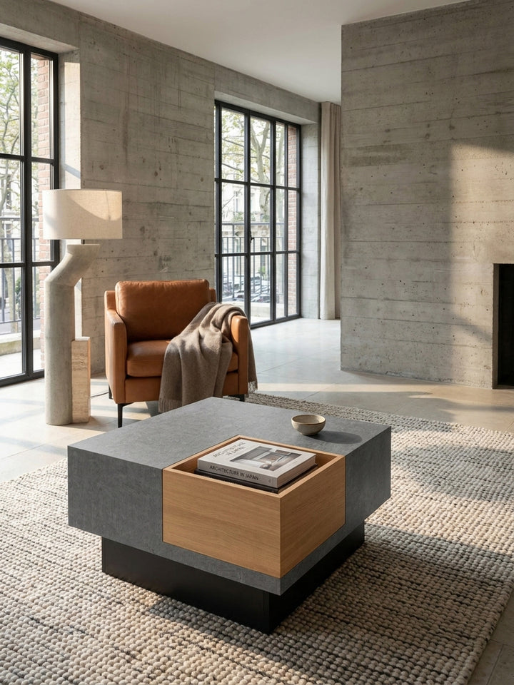 Makroaufnahme der mattgrauen Beton-Oberfläche und der feinen Holzmaserung des 65x65x40 cm Kaffeetisches, die den starken materiellen Kontrast deutlich zeigt._
