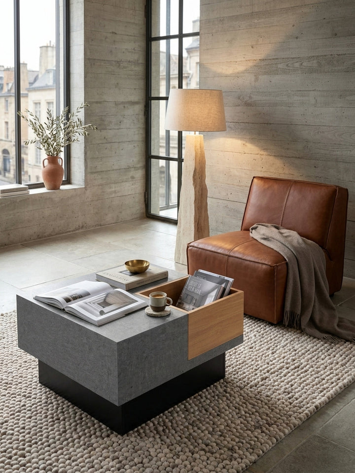 Grauer Wohnzimmertisch in Betonoptik 65x65x40 cm stilvoll kombiniert mit einem cognacfarbenen Ledersessel und einer schwarzen Messing-Stehlampe._