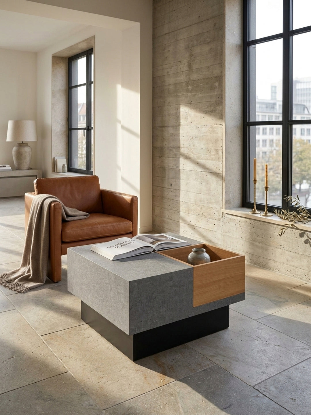 Quadratischer Couchtisch in grauer Beton-Optik mit integriertem Eiche-Staufach 65x65x40 cm im architektonischen Wohnzimmer auf hellem Kalksteinboden._