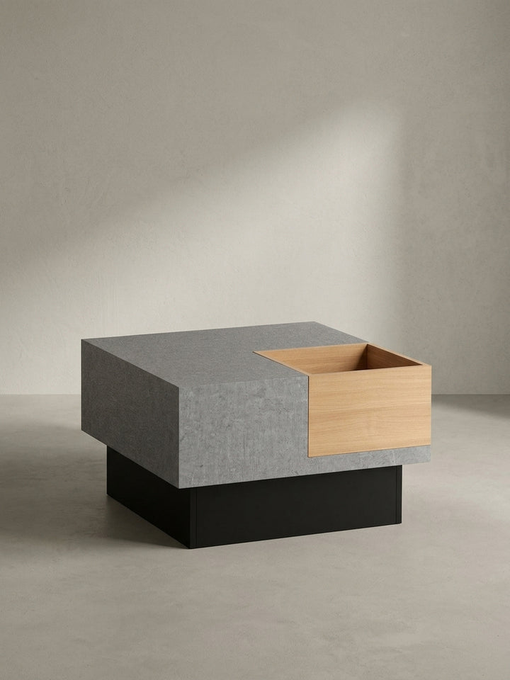 Gesamteindruck des kubischen Couchtisches in Beton-Optik und Eiche, der als funktionales Designobjekt für das moderne Wohnzimmer konzipiert wurde._