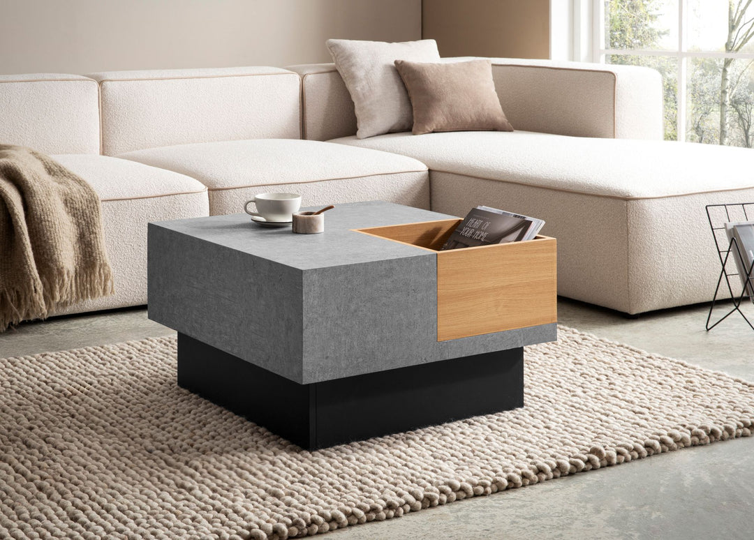 Couchtisch in Grau mit Beton-Optik, integriertem Stauraum, 65x65x40 cm