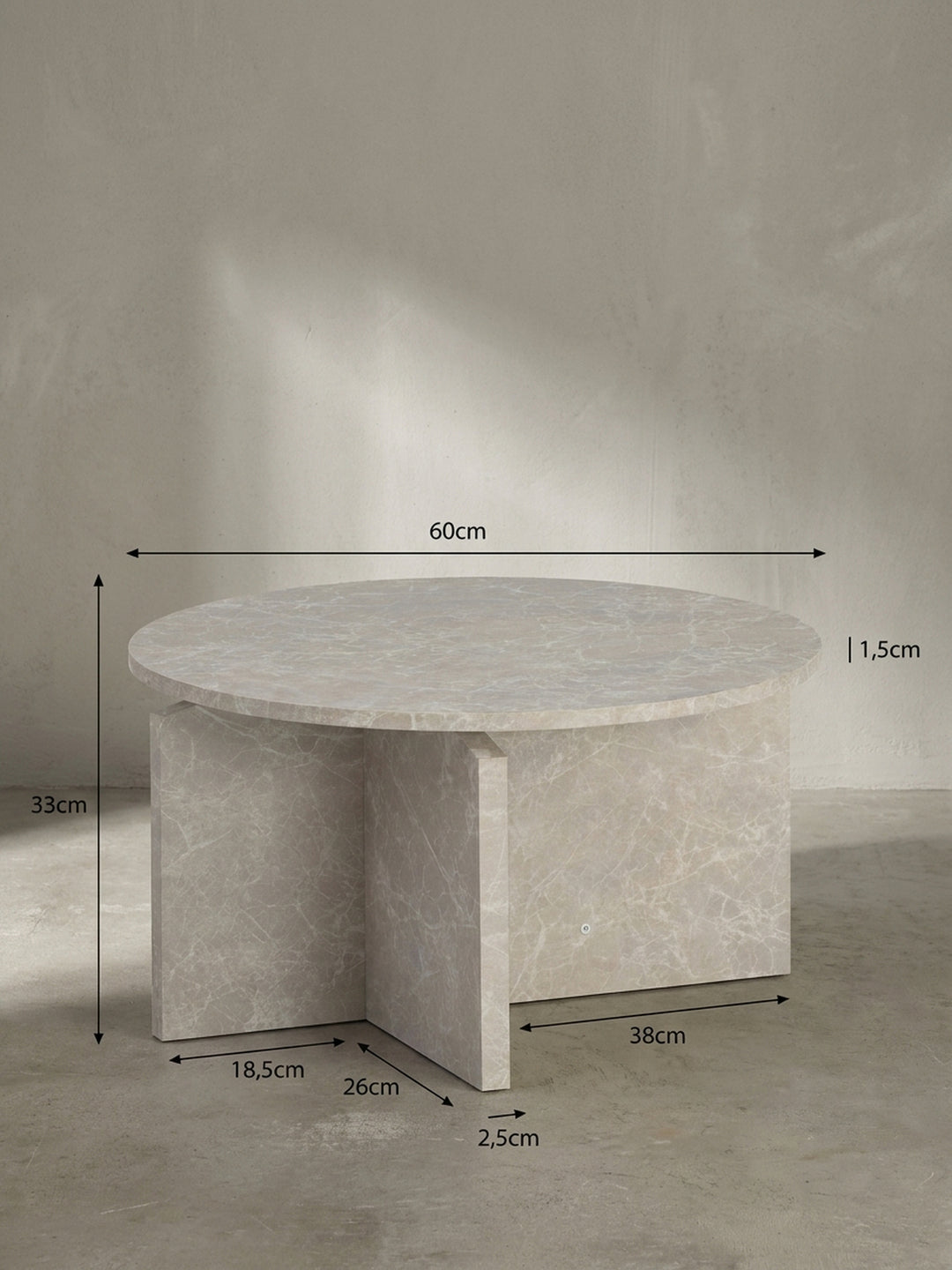 Technische Maßzeichnung für den runden Couchtisch in Sandfarben mit exakten Abmessungen von 60 cm Durchmesser und 33 cm Höhe für die präzise Raumplanung._