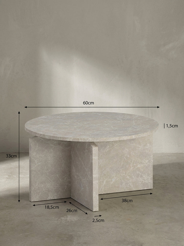 Technische Maßzeichnung für den runden Couchtisch in Sandfarben mit exakten Abmessungen von 60 cm Durchmesser und 33 cm Höhe für die präzise Raumplanung._
