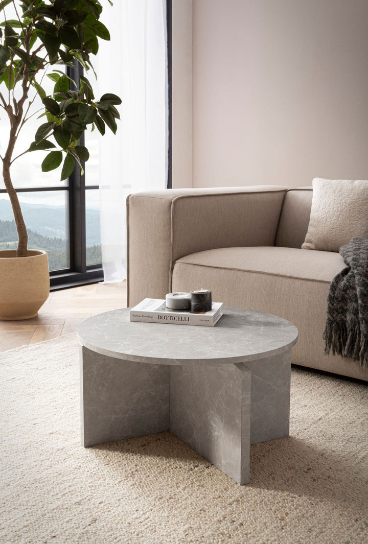 Couchtisch rund in Stein-Optik – modernes Design in Großformat