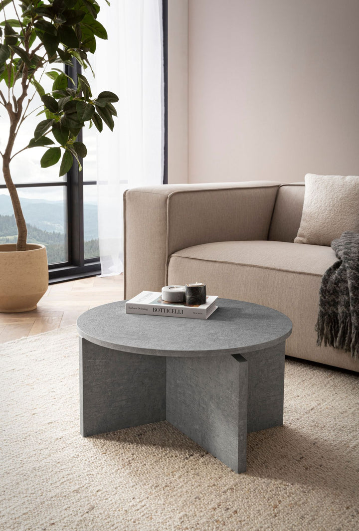 Couchtisch rund in Stein-Optik – modernes Design in Großformat