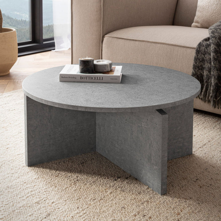 Couchtisch rund in Stein-Optik – modernes Design in Großformat