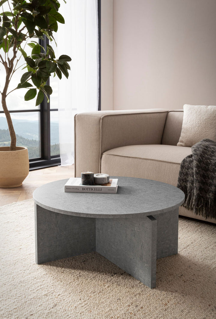 Couchtisch rund in Stein-Optik – modernes Design in Großformat