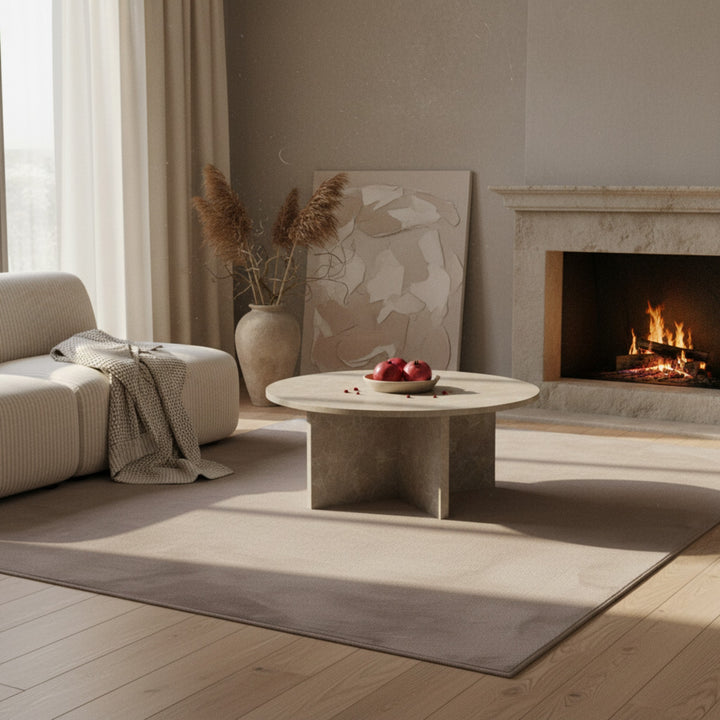 Runder Couchtisch 60x60x33 cm in sandfarbener Stein-Optik mit moderner Form _