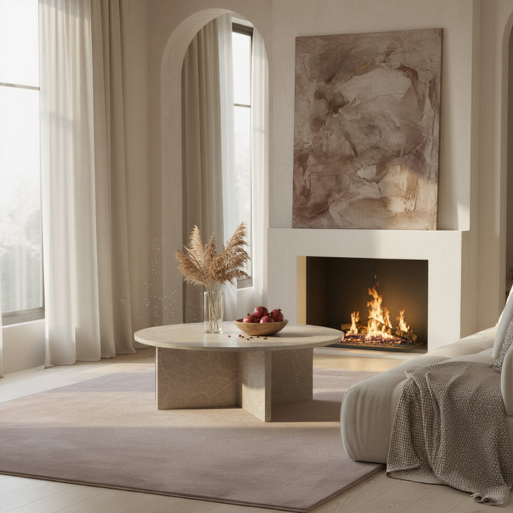 Runder Wohnzimmertisch mit sandfarbener Oberfläche und natürlicher Textur _