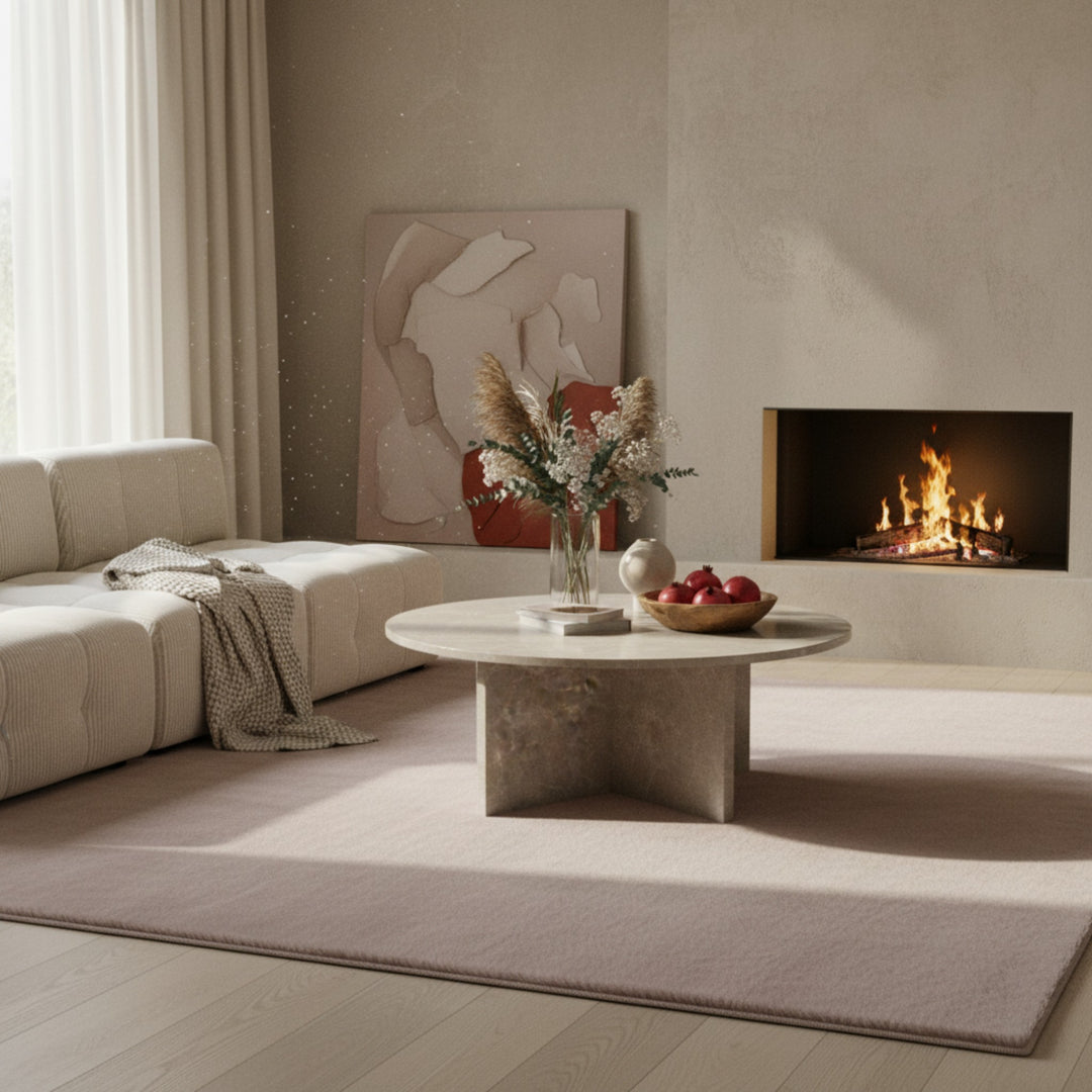 Sofatisch mit eleganter Oberfläche und moderner Kreuzbasis in Stein-Optik _