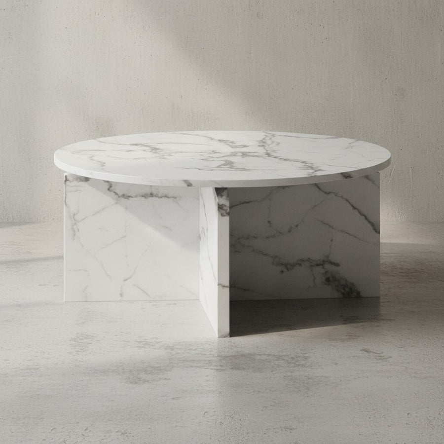 Couchtisch 70x70x33 cm Sandfarben Sofatisch in Stein-Optik Modern - Design Wohnzimmertisch Rund - Lounge  - Kaffeetisch Beistelltisch Groß_