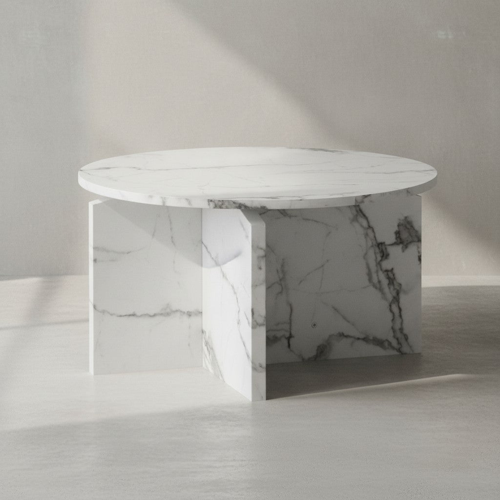 Couchtisch 70x70x33 cm Sandfarben Sofatisch in Stein-Optik Modern - Design Wohnzimmertisch Rund - Lounge  - Kaffeetisch Beistelltisch Groß_