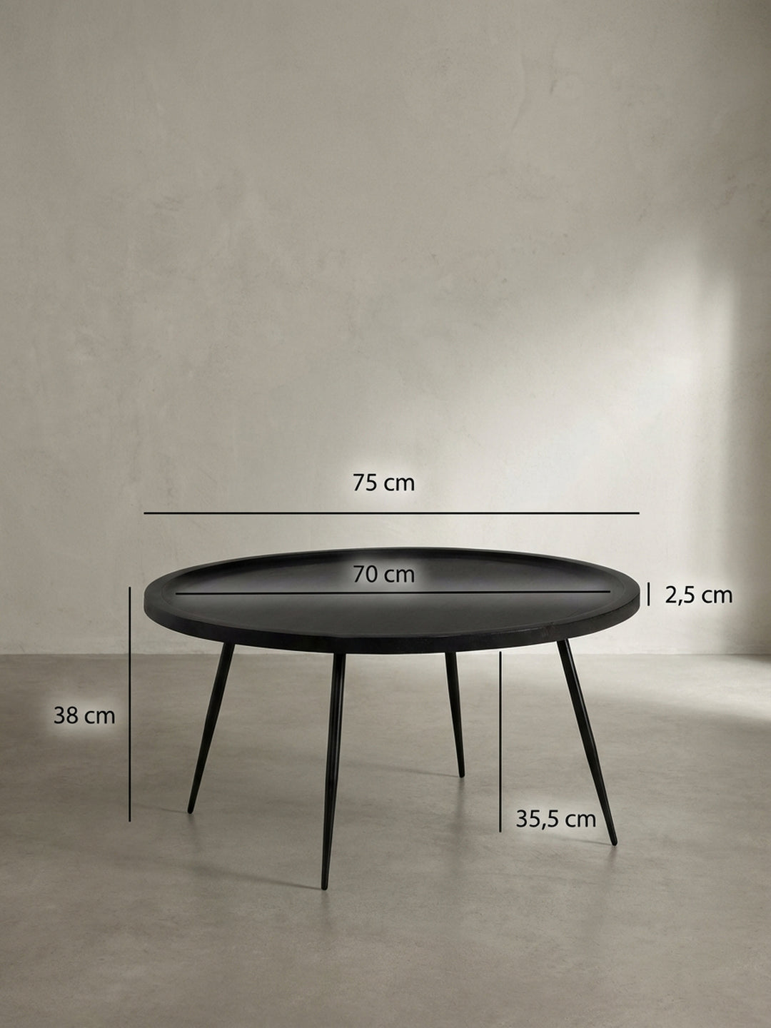 Technische Zeichnung des runden Sofatischs mit allen Maßen: 75 cm Durchmesser und 38 cm Höhe, ideal für die genaue Einrichtungsplanung._