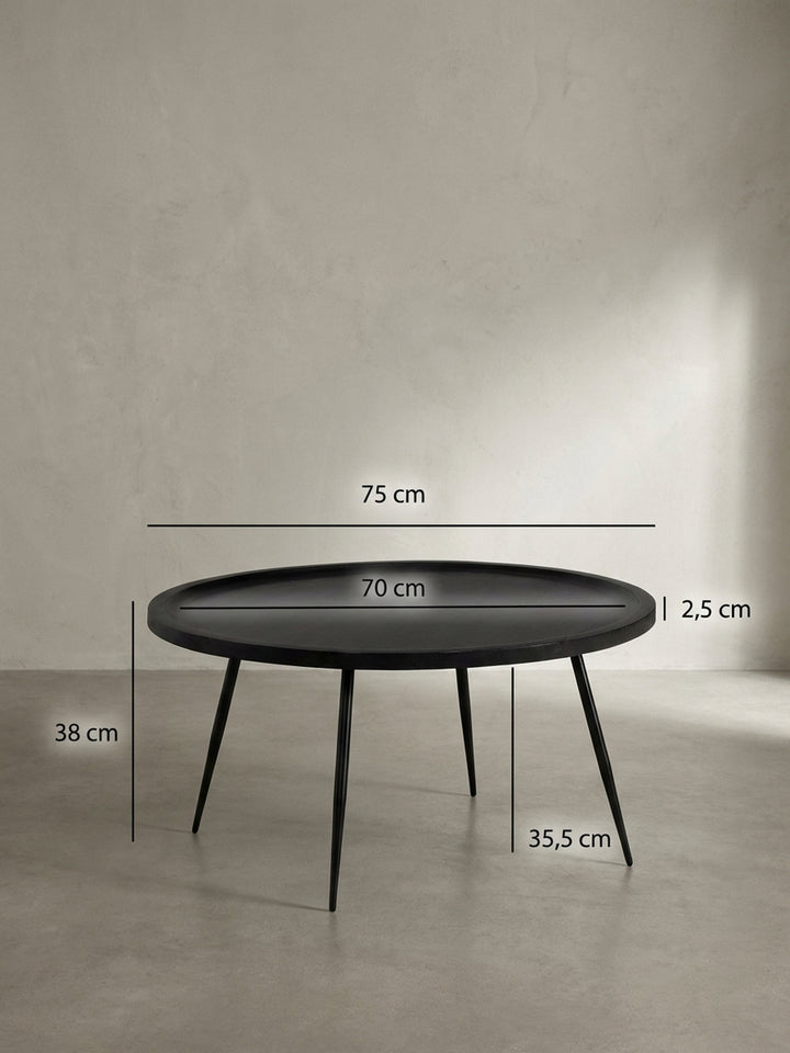Technische Zeichnung des runden Sofatischs mit allen Maßen: 75 cm Durchmesser und 38 cm Höhe, ideal für die genaue Einrichtungsplanung._