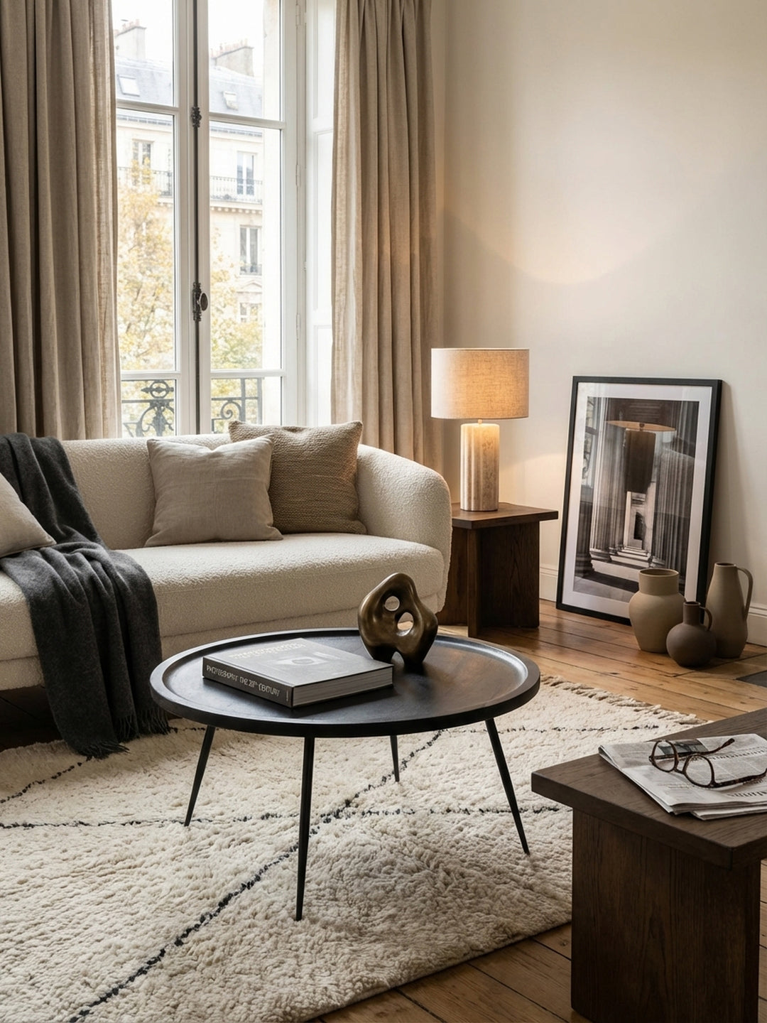 Der runde schwarze Kaffeetisch aus Holz und Metall harmoniert perfekt mit einem cremefarbenen Sofa und einem flauschigen Teppich im modernen Wohnstil._