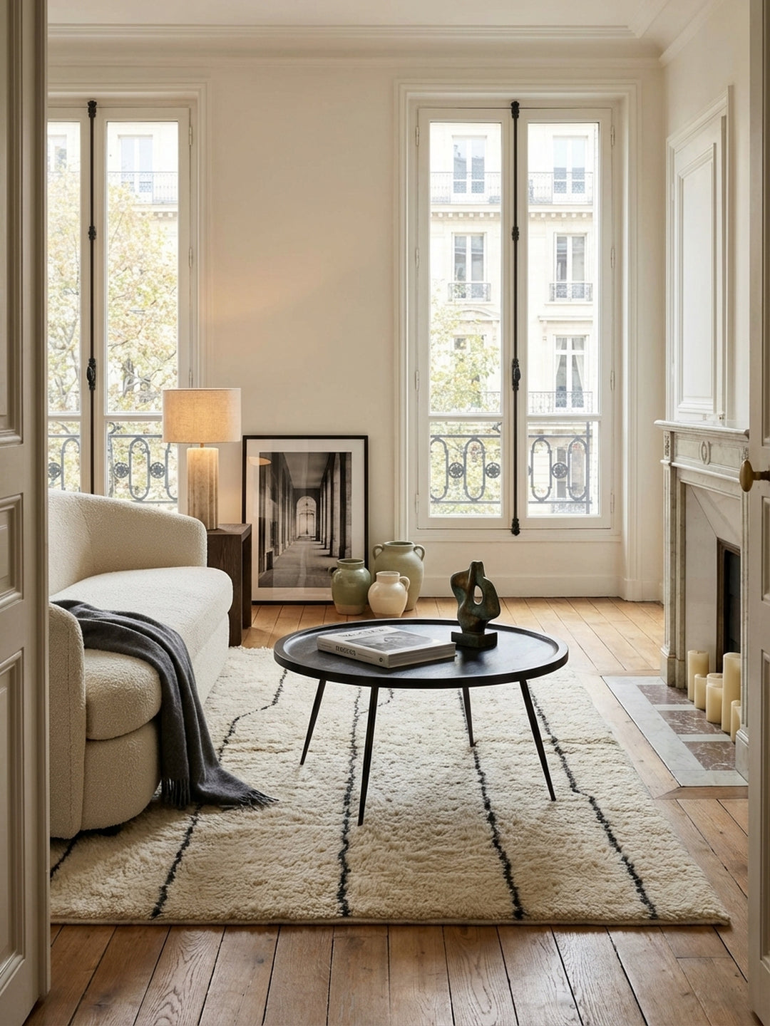 Eleganter runder Couchtisch aus massivem Mangoholz in Schwarz als Mittelpunkt in einem hellen Wohnzimmer mit beigem Sofa und Wollteppich._