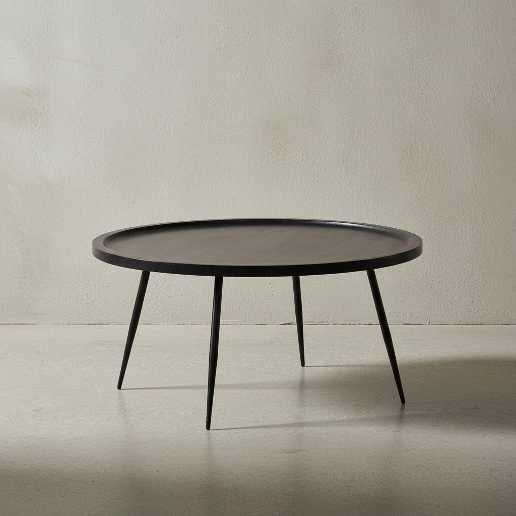 Couchtisch 75x75x38 cm Mango Massivholz Metall Schwarz Sofatisch Rund - Design Wohnzimmertisch mit natürlicher Holzmaserung - Kaffeetisch Wohnzimmer Zeitlos_