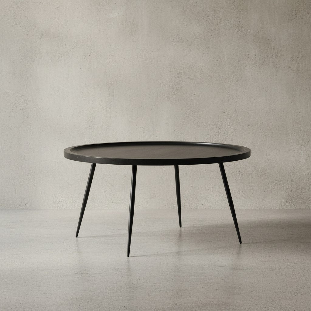 Couchtisch 75x75x38 cm Mango Massivholz Metall Schwarz Sofatisch Rund - Design Wohnzimmertisch mit natürlicher Holzmaserung - Kaffeetisch Wohnzimmer Zeitlos_
