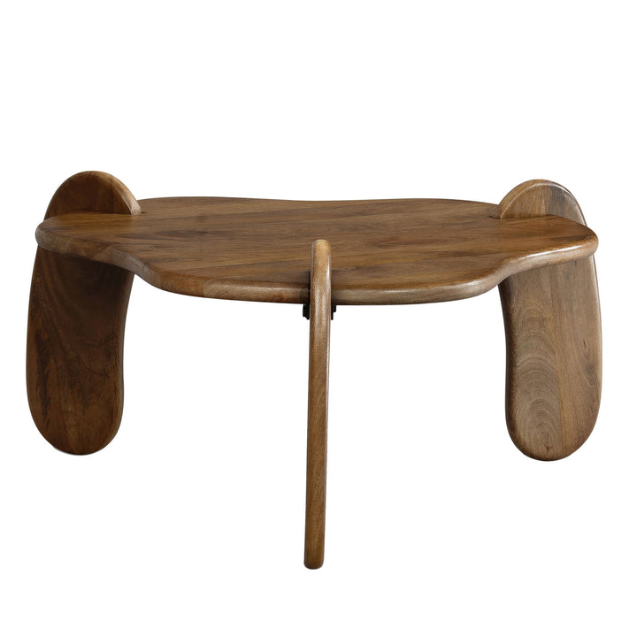 Couchtisch in Walnussfarbe aus Mangoholz Massiv, Niedriges Dreibein-Design, Organisch, 78x78x39.5cm