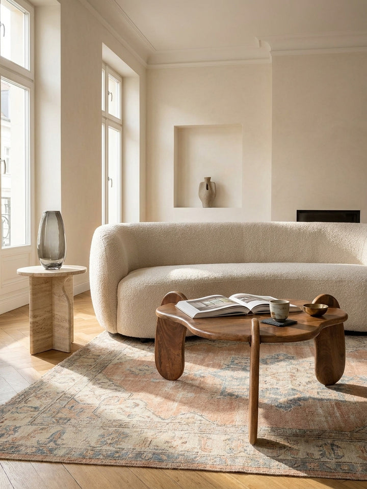 Der geschwungene Couchtisch aus Mangoholz harmoniert perfekt mit einem tiefen Leinensofa und einem Beistelltisch aus Travertin in einem organisch-modernen Interieur._